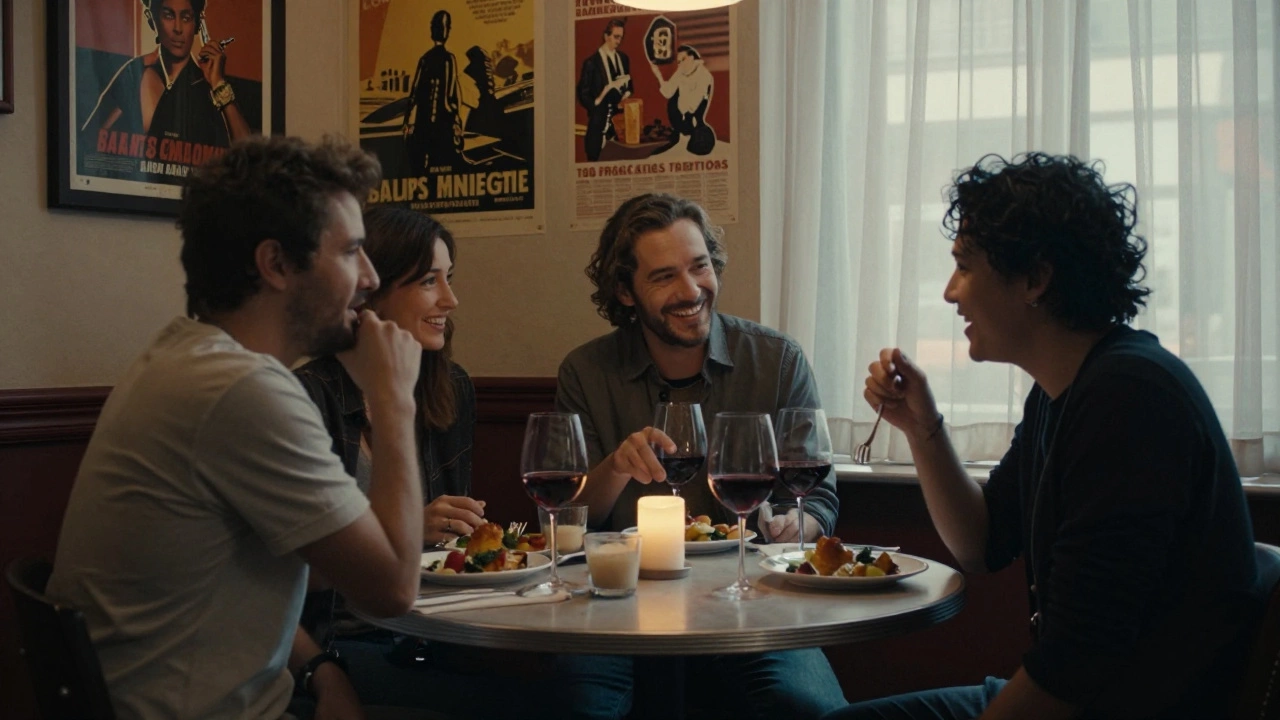 A diverse group shares an intimate dinner in a hidden Cannes bistro, laughing over wine and local food.