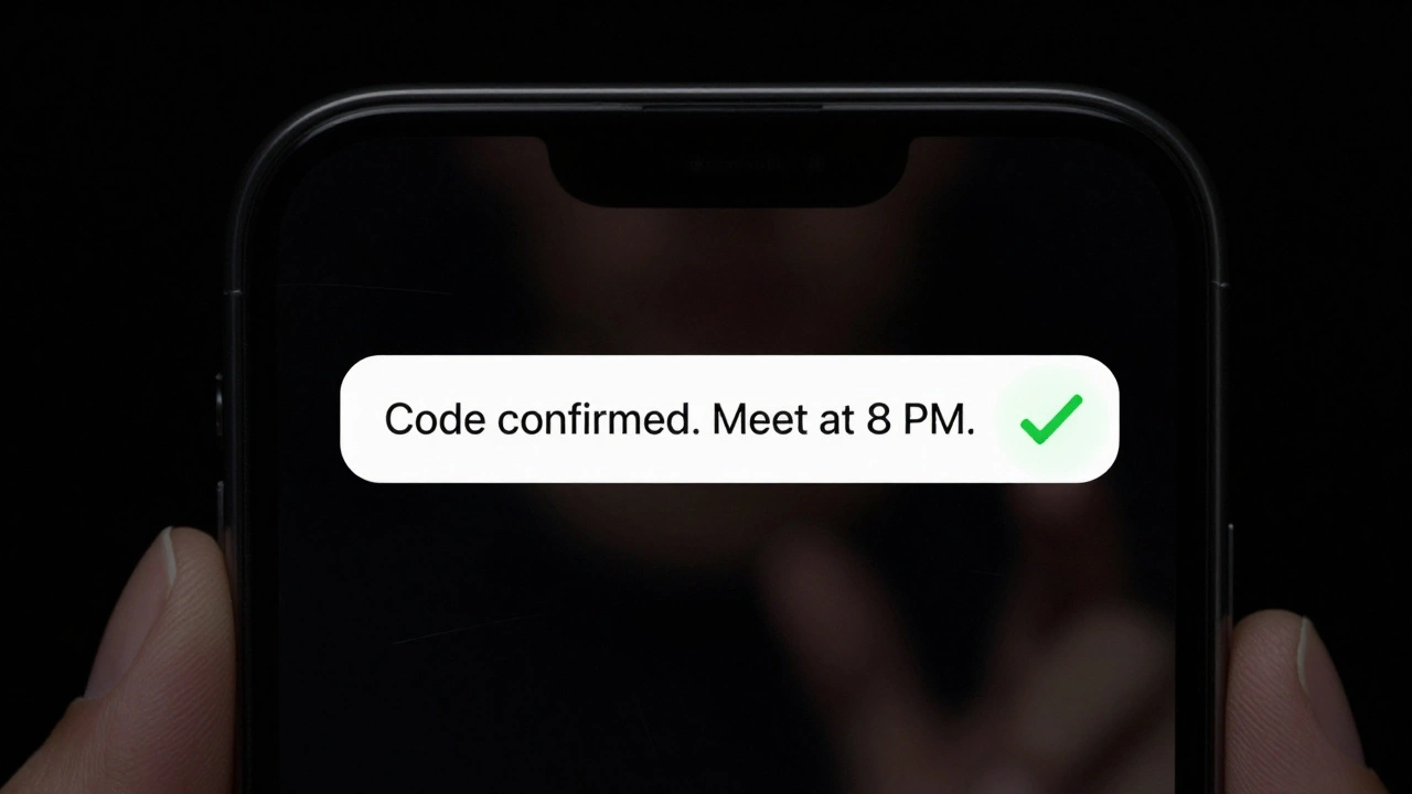An encrypted messaging screen with no names, only a confirmed code, against a black background.